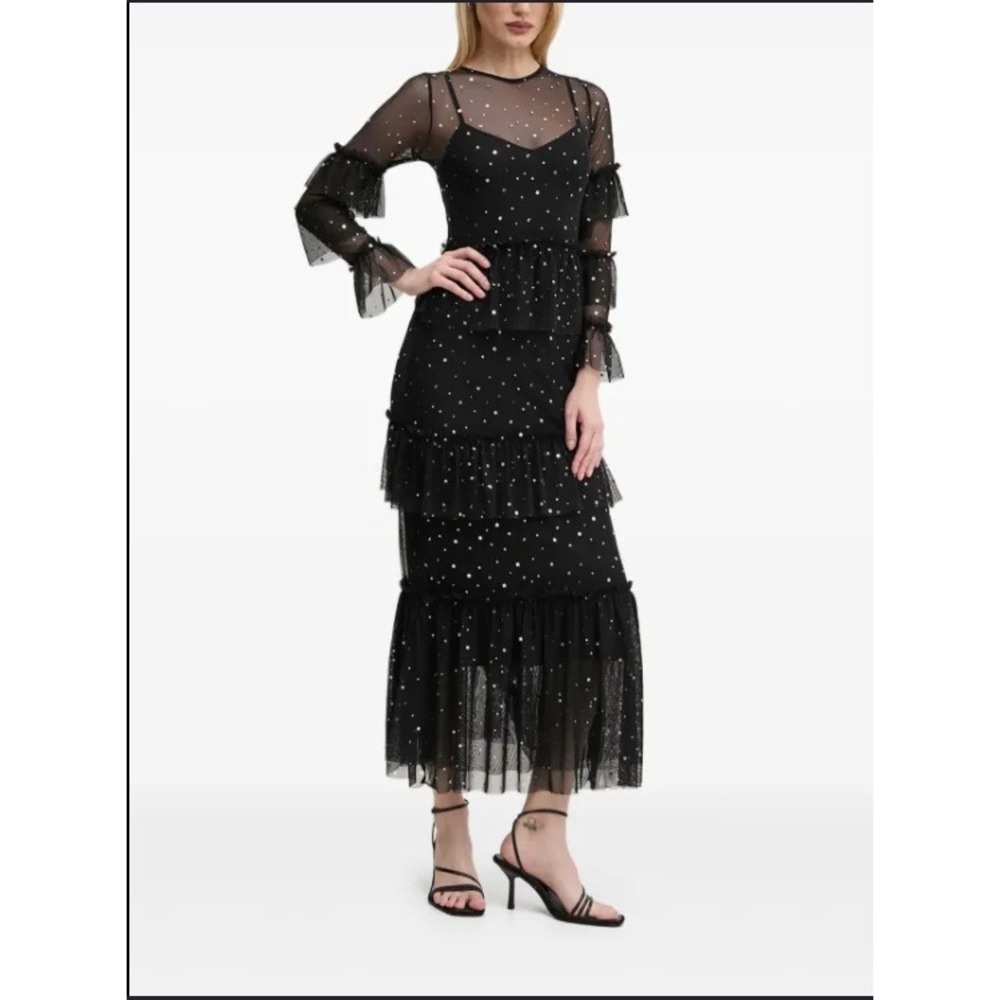 Never Fully Dressed Maxi Dress 2 Black Mesh Star Celestial Tiered Ruffle Witchy
